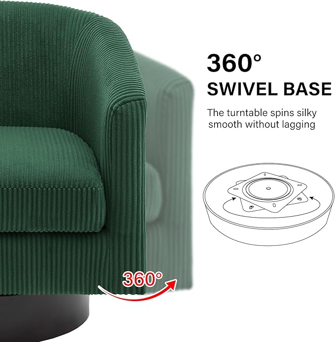 Swivel Barrel Accent Chair, Modern Round Corduroy Fabric Arm Chair for Living Room, Bedroom, Comfy Club Reading Chairs for Adults (Corduroy Dark Green, Set of 2)