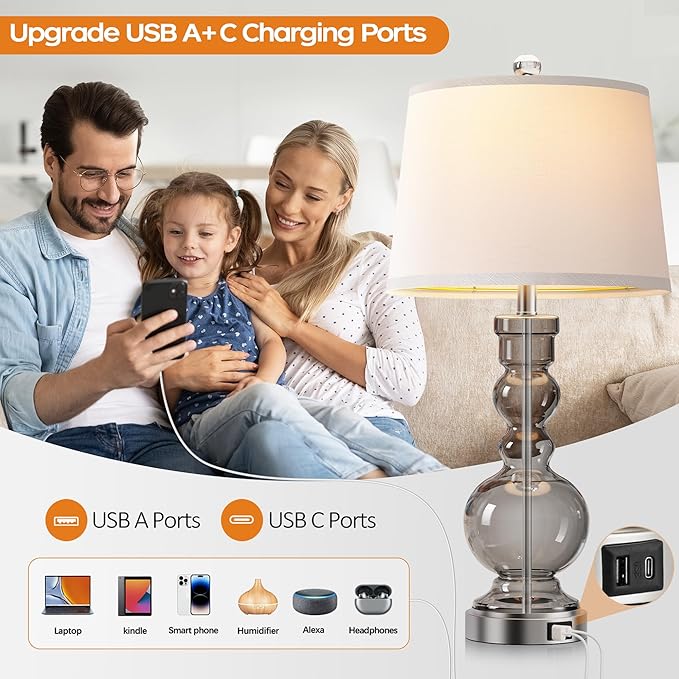 Hamucd 3-Way Dimmable Touch Control Clear Grey Glass Table Lamps Set of 2 with USB A+C for Modern Comtemporary Bedroom Nightstand Living Room Decor(Bulbs Included) (Grey)
