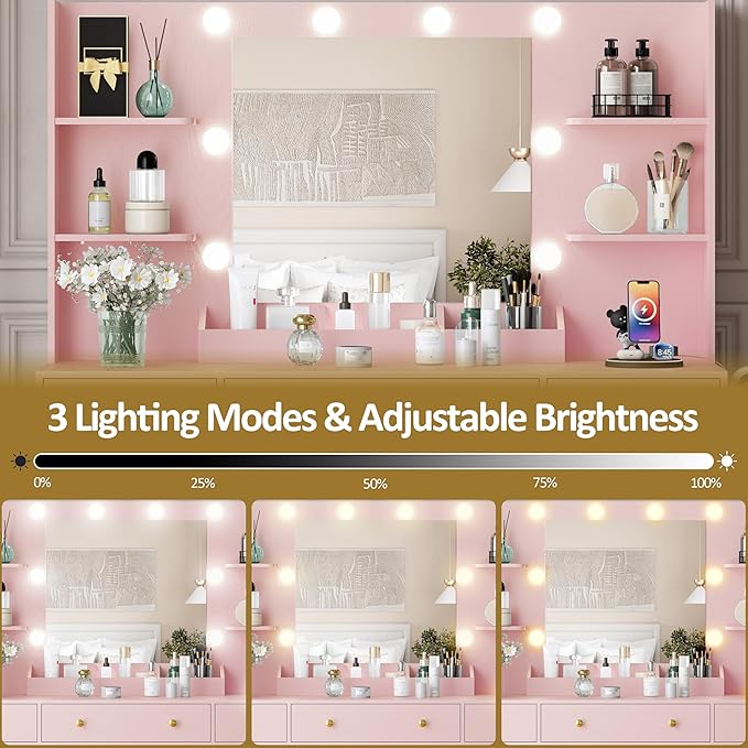 Vanity Desk with Mirror and Lights, Large Makeup Vanity Set with Power Outlet & RGB Glass Cabinet, 3 Drawers, Pink Vanity Mirror with Lights Dressing Table for Girls Women, 3 Color Modes