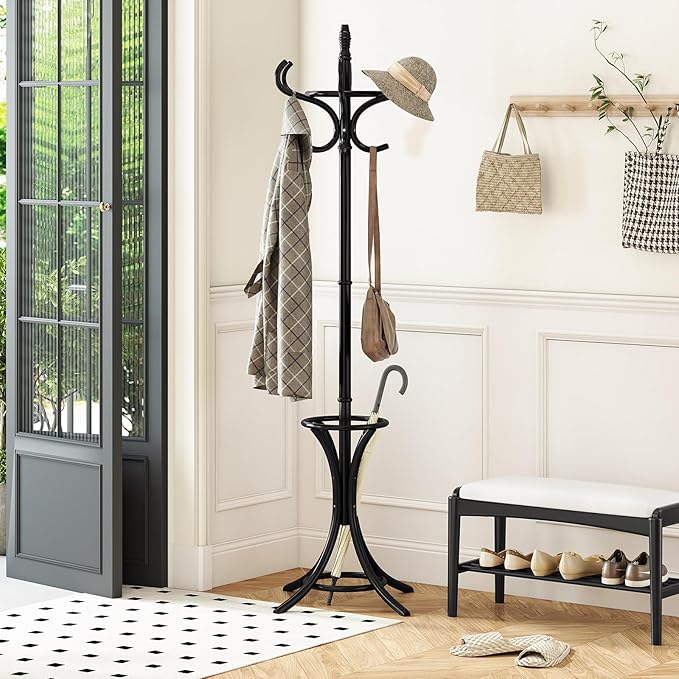 Tangkula Coat Rack with Umbrella Holder, 73 Inch Freestanding Coat Hanger Stand with 12 Hooks, Wooden Entryway Coat Tree for Clothes, Bags, Hats, Scarves, Living Room, Bedroom, Hallway (Black)
