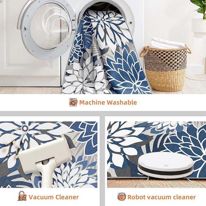 Indoor Outdoor Area Rug Washable Multicolored Patio Rug Tropical Botanical Modern Floral Indoor Outdoor Carpet Blue White Rug Non Slip for Patio, Deck, Backyard, Porch (6x9)