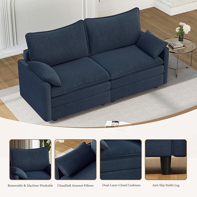 Vesgantti 74" Loveseat Sofa for Living Room, Comfy Cloud Couch Deep Seat Chenille Modern 2 Seater Small Sofa with Armrest Pillow, Easy Assembly for Small Spaces, Blue