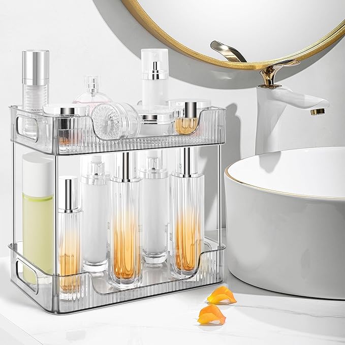 2-Tier Bathroom Counter Organizer Countertop Storage, Dresser Organizer Vanity Tray for Makeup, Perfume Organizer Cosmetics Skincare Shelf - Grey
