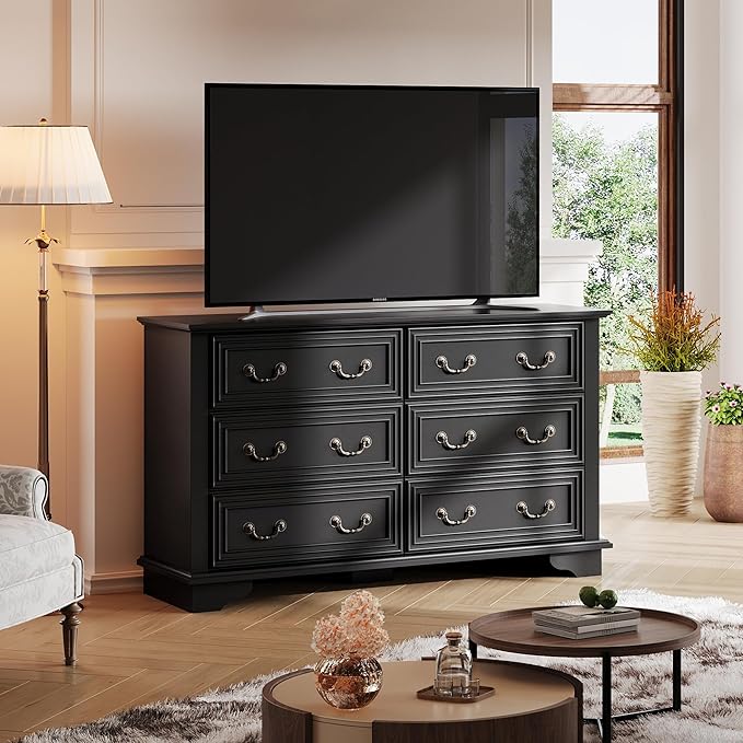 WLIVE Farmhouse Dresser for Bedroom, 51.97'' Wide Wood 6 Drawer Dresser, Chest of Drawers with Roman Metal Handle, TV Stand for 60 inch TV, for Living Room, Hallway, Black