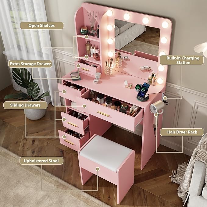 Vanity Desk with Mirror and Lights, 3 Adjustable Lighting Makeup Vanity Desk with 3 Storage Shelves, 5 Large Drawers and Power Outlet, Vanity with Chair for Bedroom, Pink