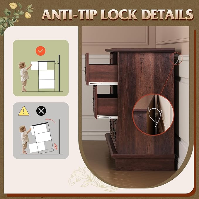 WLIVE Wood Dresser for Bedroom with 6 Drawer, 51.97'' Wide, Farmhouse Long Storage Dresser Organizer with Roman Metal Handle, TV Stand for 60 inch TV, Chest of Drawers for Living Room, Hallway, Brown