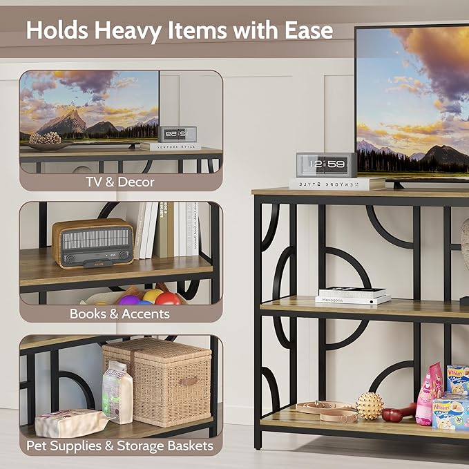 55'' Industrial Sofa Table, 3-Tier Storage Console Table with Unique Geometric Design, Behind Couch Accent Table for Entryway, Living Room, Foyer, Hallway, Office - Rustic Brown