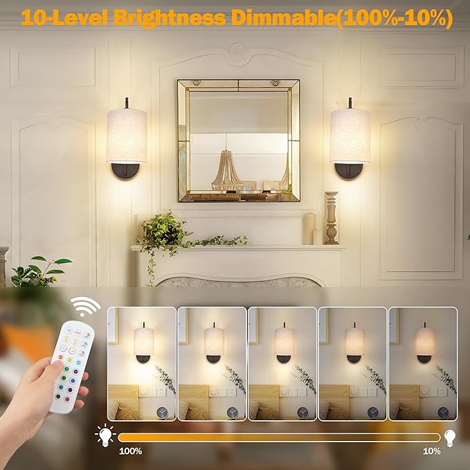 Battery Operated Wall Sconce Set of 2, Black Rechargeable Wireless Wall Light Fixture with Remote, 12 RGB Colors & Timer, Indoor Dimmable Wall Lamp with Linen Shade
