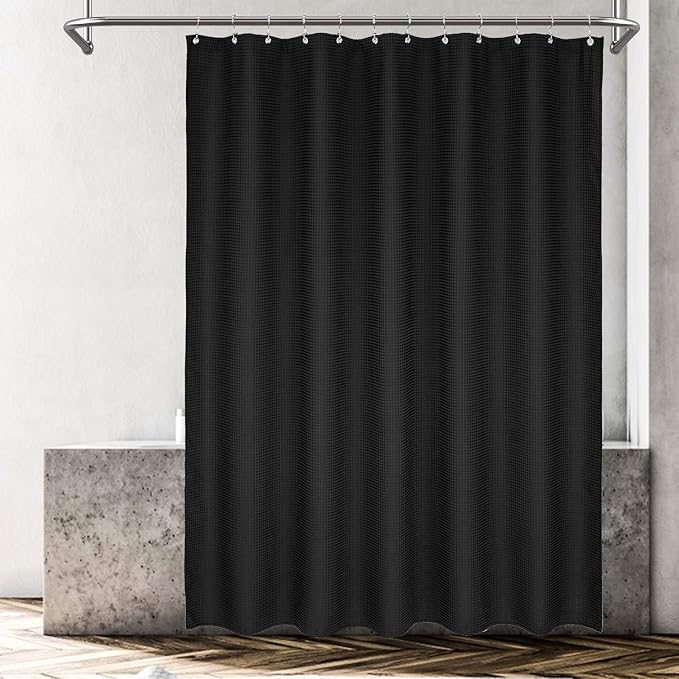 Waffle Weave Shower Curtain Hotel Luxury Spa, Black Heavyweight Fabric Shower Curtains for Bathroom, Washable & Water Repellent, Black, 71x72 Inch