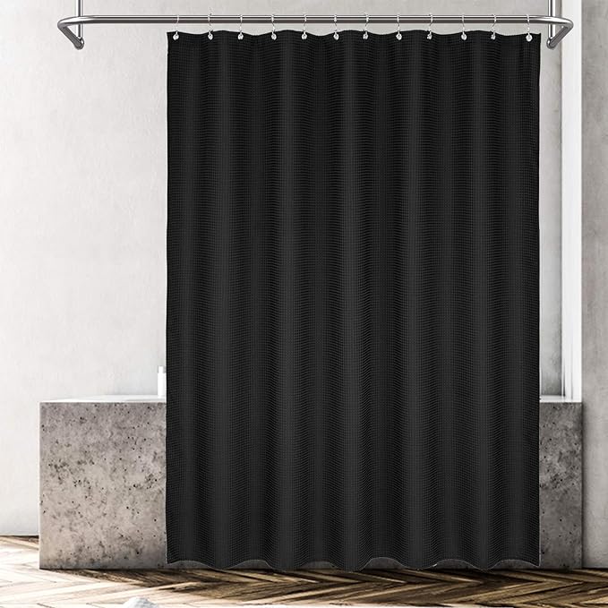 Barossa Design Long Waffle Weave Shower Curtain 71" W x 78" H - Hotel Luxury Spa, 230 GSM Heavy Weighted Fabric, Water Repellent, Black, 71x78