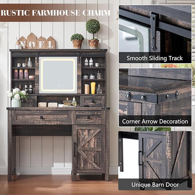 42'' Farmhouse Makeup Vanity Desk with Sliding Mirror and Lights, Glass Tabletop Vanity Table with Barn Door, 4 Drawers & Hidden Shelves, Rustic Big Vanity Women Dressing Table, Dark Oak