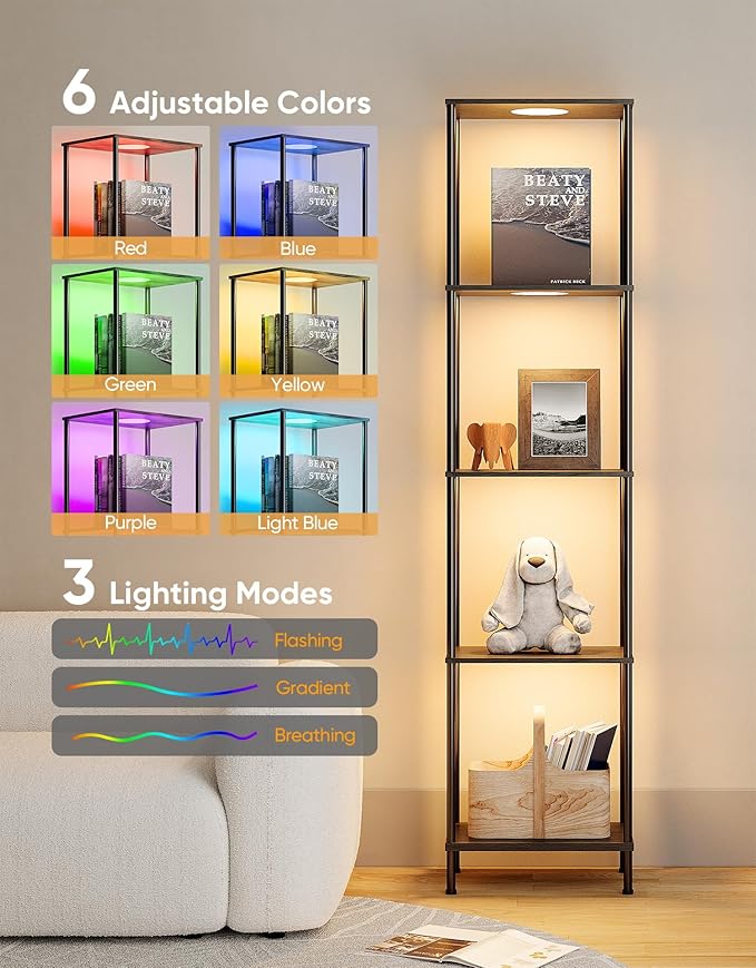 Display Shelf with RGBW Light, Color Changing Curio Cabinet Floor Lamp with Shelves Corner Standing Column Lamp Etagere Organizer Tower Nightstand Bookcase for Living Room Bedroom Office Décor Black
