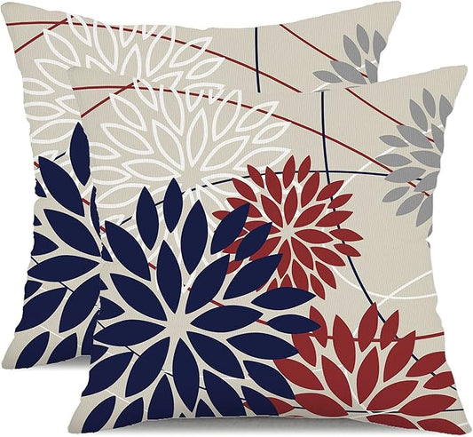 DFXSZ 4th of July Pillow Covers 20x20 Inch Set of 2 Patriotic Blue Red Floral Outdoor Waterproof Decorative Throw Pillows Polyester Cushion Case Decor for Patio Funiture Garden Couch 01H20