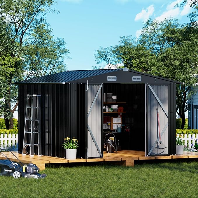 COMHOMA Shed Outdoor Storage Shed Metal,Lockable Doors Tool Sheds with Sloping Roof,Steel Garden Shed with Air Vent for Backyard,Patio,Lawn,Poolside (Grey, 10'*10')