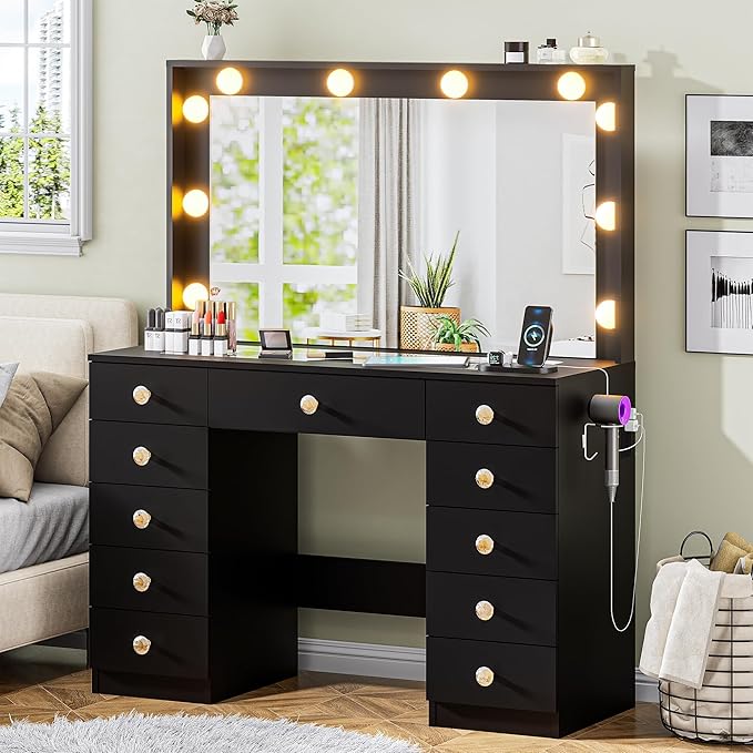 43.3" Vanity with Large Mirror and 10 LED Lights, Vanity Desk with Glasstop, 11 Drawers with Crystal Handles, Dressing Table with Power Outlet as Gift for Women, Girls (Black)