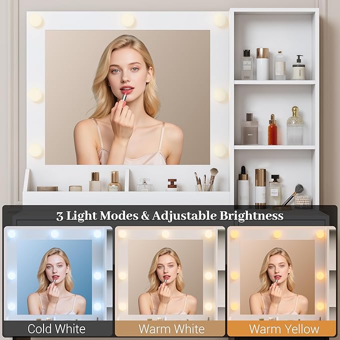 Makeup Vanity with Mirror and Lights, 34'' Wide Dressing Table with Charging Station & RGB Glass Cabinet, Small Vanity Desk with 3 Color Lighting Modes & Adjustable Brightness, White