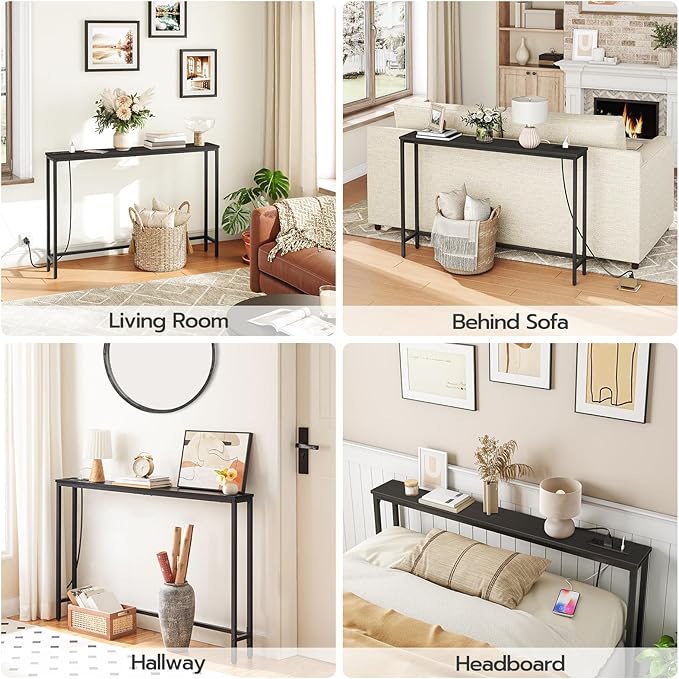 HOOBRO 47.2" Skinny Console Table with Power Outlets, 5.9" Behind Couch Table with Charging Station, Narrow Sofa Table, Long and Thin Table for Entryway, Living Room, Black BB15XG01G1