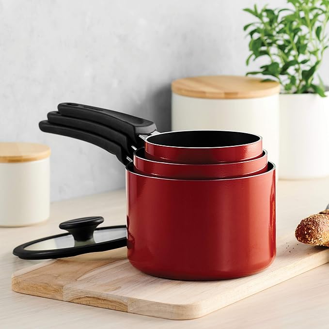 Tramontina Aluminum Non Stick 6-Piece Nesting Sauce Pan Set with Lids - Red, Kitchen Nonstick Cookware Set, Dishwasher and Oven Safe
