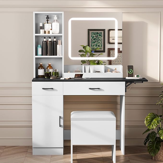 KAMABOKO Vanity Desk with Mirror and Lights, Large Makeup Table Set with 2 Drawers and Storage Stool, Girls Vanity with Fold-up Panel and Power Outlet for Bedroom