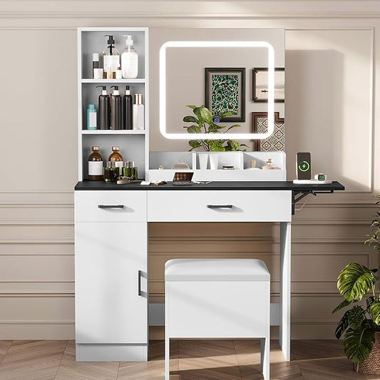 KAMABOKO Vanity Desk with Mirror and Lights, Large Makeup Table Set with 2 Drawers and Storage Stool, Girls Vanity with Fold-up Panel and Power Outlet for Bedroom