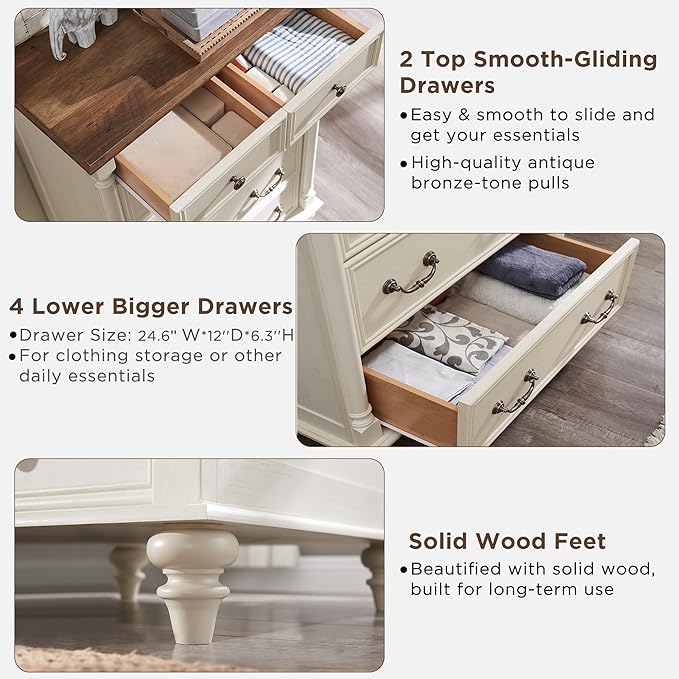 T4TREAM Farmhouse 6 Drawers Dresser Chests for Bedroom w/4 Solid Wood Feet &Column Decor, Tall Wood Rustic Chest of Drawers, Storage Dressers Organizer for Bedroom, Living Room, Nursery, Antique White