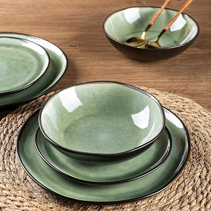 AmorArc Ceramic Dinnerware Sets,Handmade Reactive Glaze Stoneware Plates and Bowls Set,Highly Chip and Crack Resistant | Dishwasher & Microwave Safe Dishes Set,Service for 4 (12pc)