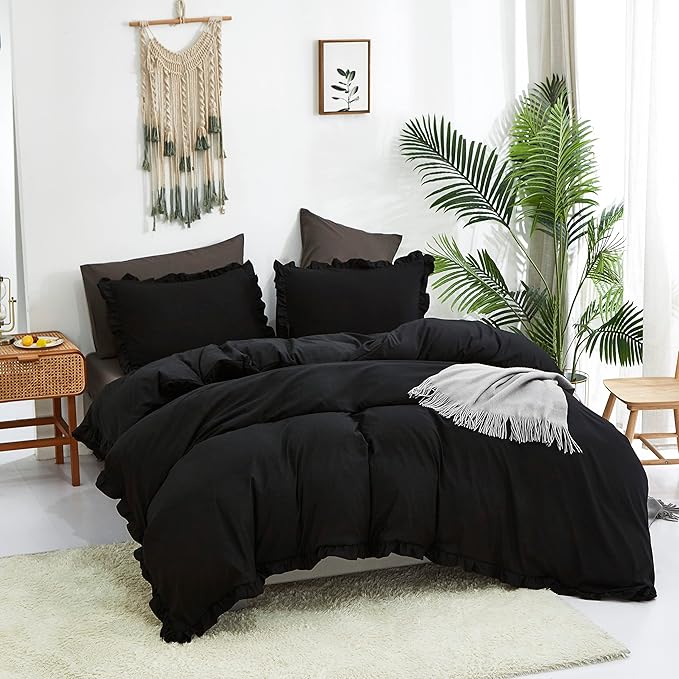 CLOTHKNOW Black Ruffles Full Size Comforter Sets Farmhouse Bedding Comforter Sets Soft Shabby Chic Comforters Black Comforter with 2 x Pillow Cases