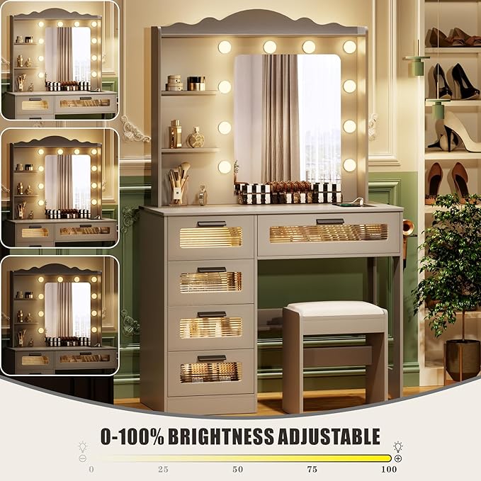 HWB Makeup Vanity Desk with Mirror and Lights,Vanity Table with 5 Drawers&2 Shelves,Vanity Set for Bedroom,Dressing Table with 10 Light Bulbs and USB Port&Human Sensor Design,Grey