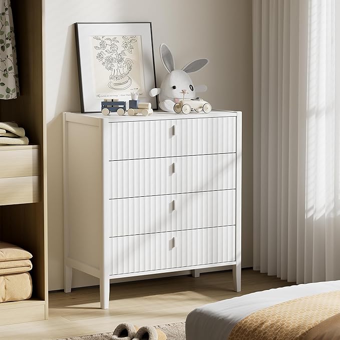 White 4 Drawer Dresser, 31.5" Wide White Modern Dresser with Fluted Front & Metal Handles for Bedroom, Living Room