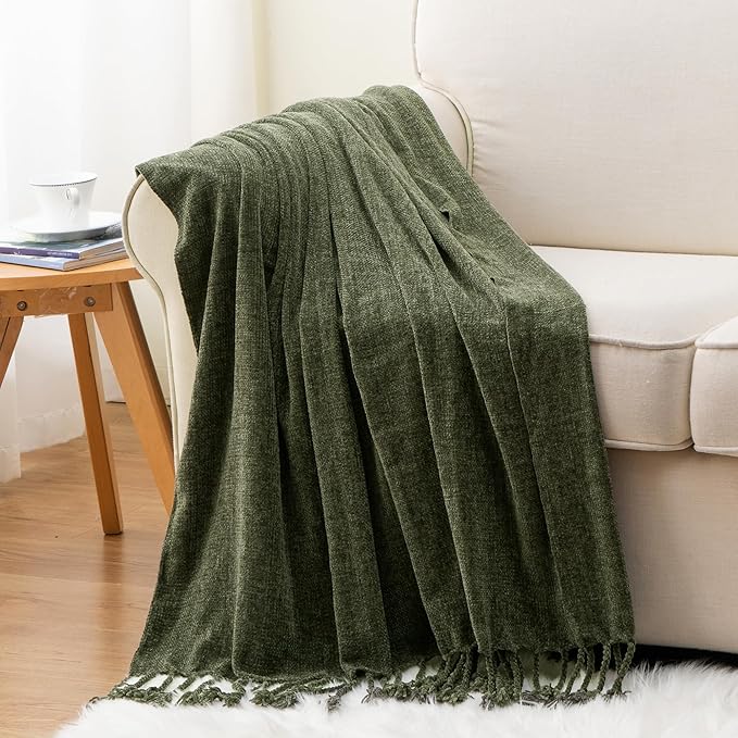 BATTILO HOME Olive Green Throw Blanket for Couch Bed Sofa, Soft Cozy Chenille Throw Blanket with Fringe Tassels, Lightweight Knit Throw Blanket for Home Decor, 50"x60"