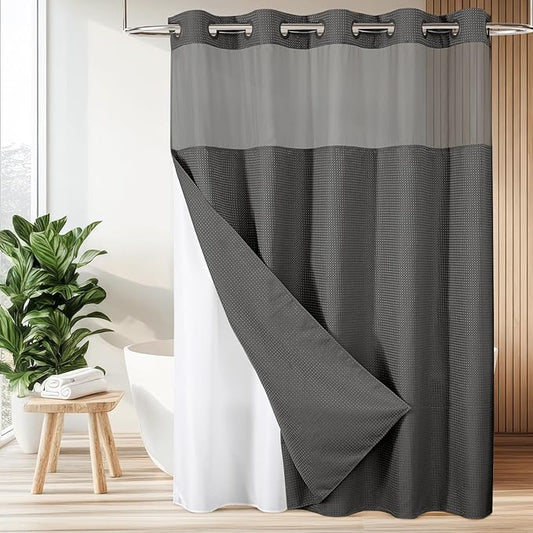 Colorful Star 256GSM Waffle Weave Heavy Duty Shower Curtains, No Hook Shower Curtain with Snap in Fabric Liner, Hotel Style Waterproof Bathroom Curtain Set, 72 x 75 Inch, Charcoal Grey