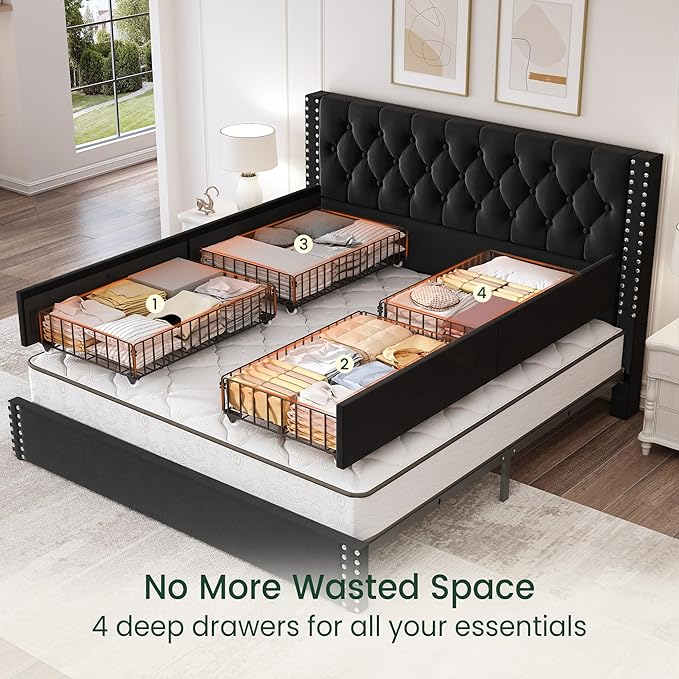 King Size Bed Frame with 4 Storage Drawers and Tufted Headboard Linen Upholstered Platform Bed Frame with Heavy Duty Wood Slats, No Box Spring Needed, Easy Assembly,Black