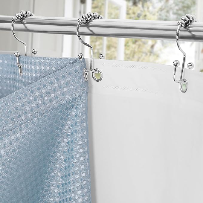 3 in 1 Extra Long Blue Shower Curtain Set-72 W x 84 H, Fog Blue Waffle and PEVA Liner Set with 12 Stainless Steel Hooks, Waterproof Fabric for Bathroom
