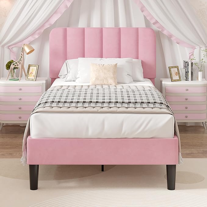 VECELO Twin Size Bed Frame with Upholstered Headboard, Velvet Platform Bedframe Mattress Foundation, Strong Wood Slat Support, No Box Spring Needed,Pink