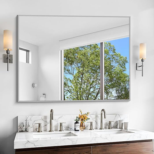 KOCUUY Silver Bathroom Mirror, 48"x36" Large Rectangular Mirror with Metal Frame, Brushed Nickel Vanity Mirror with Modern Design for Bathroom, Living Room, Entryway, Hang Horizontal/Vertical