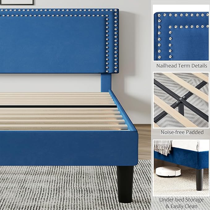 VECELO Full Size Bed Frame with Adjustable Upholstered Headboard, Wooden Slats Platform, Noise-Free Design, Easy Assembly
