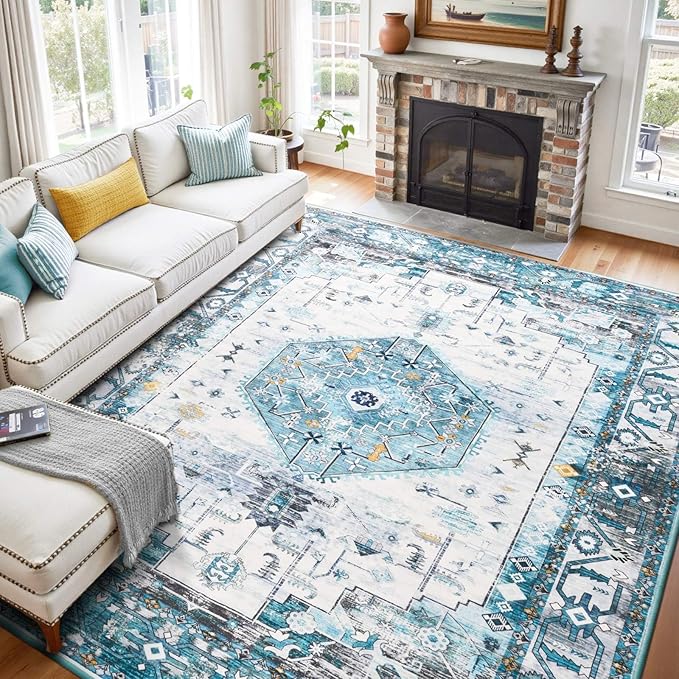 Large Washable 6x9 Area Rug, Blue Vintage Floral Rugs for Living Room, Non Slip Low Pile Carpet for Bedroom Dining Room, Thin Indoor Carpet for Office Classroom
