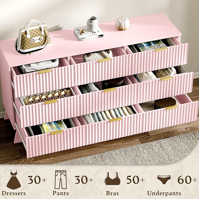 Fluted Dresser for Bedroom with 9 Drawers, 57" Mid Century Modern Dresser of Closet TV Stand, Nature Wood Dressers with Gold Handle, Boho Closet Wide Modern Chest of Drawers, Pink