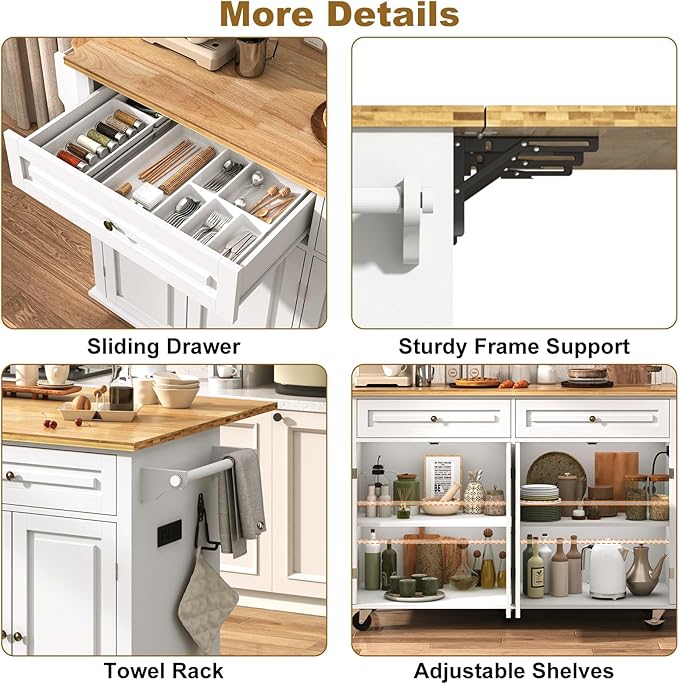 59" W Rolling Kitchen Island with Drop Leaf – Movable Kitchen Carts on Wheels Island with Storage Cabinet, Island Table for Kitchen with Rubber Wood Top and Rack and Drawers, Matte, White