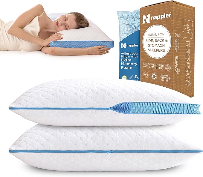 Side and Back Sleeper Pillow for Neck and Shoulder Pain Relief - Shredded Memory Foam Bed Pillow for Sleeping - 100% Adjustable Fill - King Size - Set of 2 Washable Case. Extra Fill Included