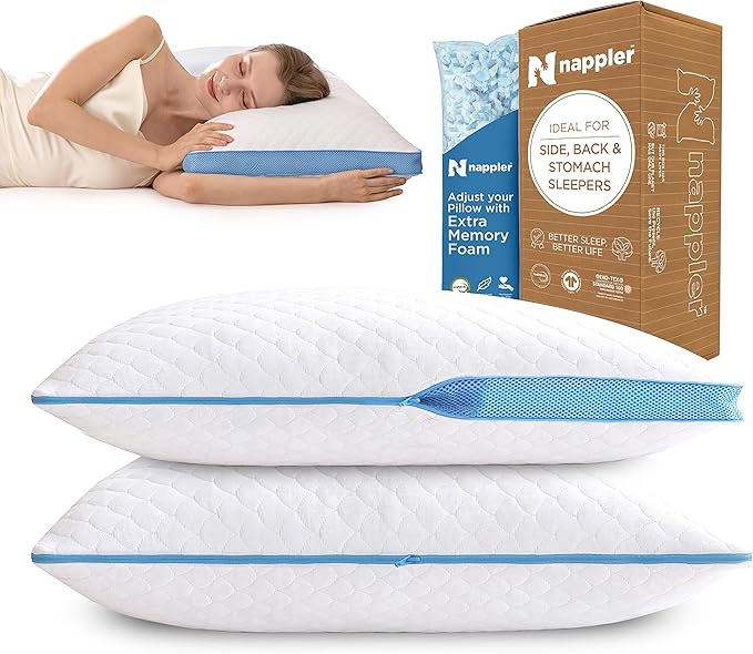 Side and Back Sleeper Pillow for Neck and Shoulder Pain Relief-Shredded Memory Foam Bed Pillow for Sleeping - 100% Adjustable Fill - Standard Size Set of 2 Washable Case. Extra Fill Included