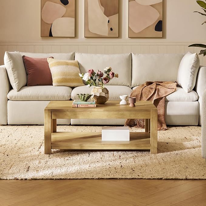 mopio Logan Solid Wood 2-Tier Rectangle Coffee Table, Modern Farmhouse Solid Rubberwood with Light Wire Brush L Shaped Leg Joint