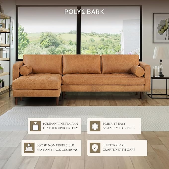 Poly & Bark Napa Leather Couch - Left Facing Sectional Sofa with 2 Bolsters - Full-Grain Leather Sofa for Living Room with Feather-Down Topper - Corner Couch - Vintage Italian Leather in Cognac Tan