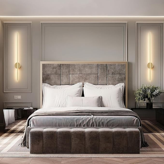 Battery Operated Modern Wall Sconces,Dimmable Wireless Wall Light Set of Two with Remote Control,3 Color Temperatures,Rechargeable LED Wall Sconce for Bedroom,Living Room,Hallway,27.6 Inch,Matte Gold