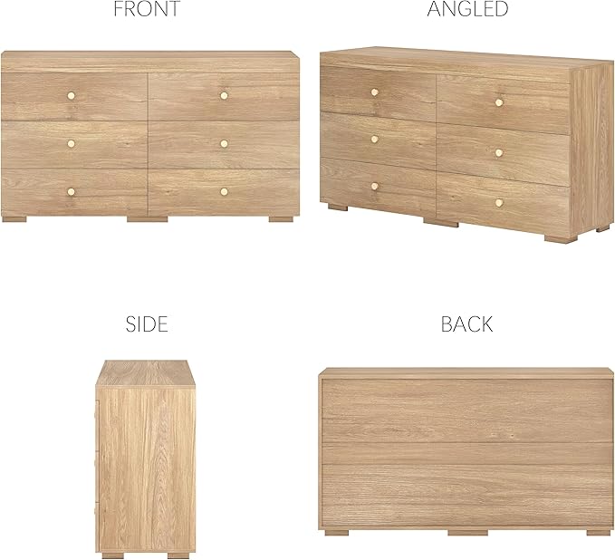 Dresser for Bedroom 6 Drawer Wood Dresser 58.3" Wide, Large Chest of Drawers for Bedroom, Living Room, Hallway, Entryway, Modern TV Stand Drawer Organizer, Light Oak