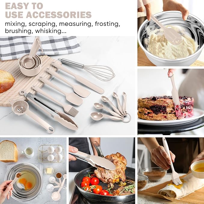 E-far 25PCS Mixing Bowls with Lid Set, Stainless Steel Nesting Prep Bowls with Grater Attachments Non-Slip Bottoms for Cooking, Serving, Food Storage, 4.6/2.6/2/1.5/1/0.7QT - Khaki
