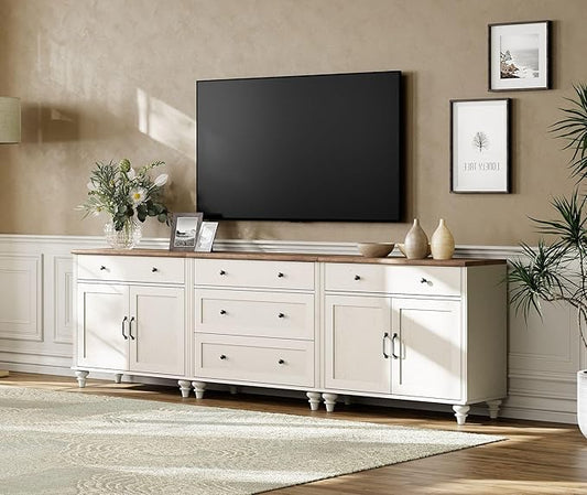 WAMPAT Farmhouse TV Stand for 100 Inch TV, 3-in-1 TV Console Table for 75/80/85/90 Inch TV, Entertainment Center with 5 Drawers and 4 Doors, Kitchen Sideboard Buffet Cabinet for Dining Room, White