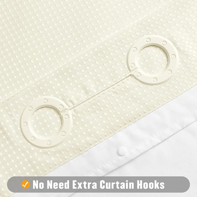 MitoVilla No Hooks Needed Extra Long Shower Curtain Set with Snap-in Liner, Ivory 86 inch XL Heavyweight Waffle Fabric Cloth Shower Curtains for Modern Luxury Hotel & Spa Bathroom Decor, Ivory/Beige