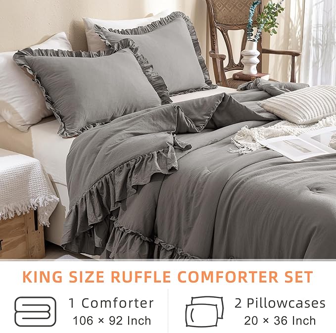 QSH Gray Ruffled Comforter Set King Size（106x92inches）, 3pcs Shabby Farmhouse Boho Chic Bedding Comforter Sets, Ultra Soft Lightweight Microfiber Inner Fill Grey Fluffy Vintage Comforter for Bed