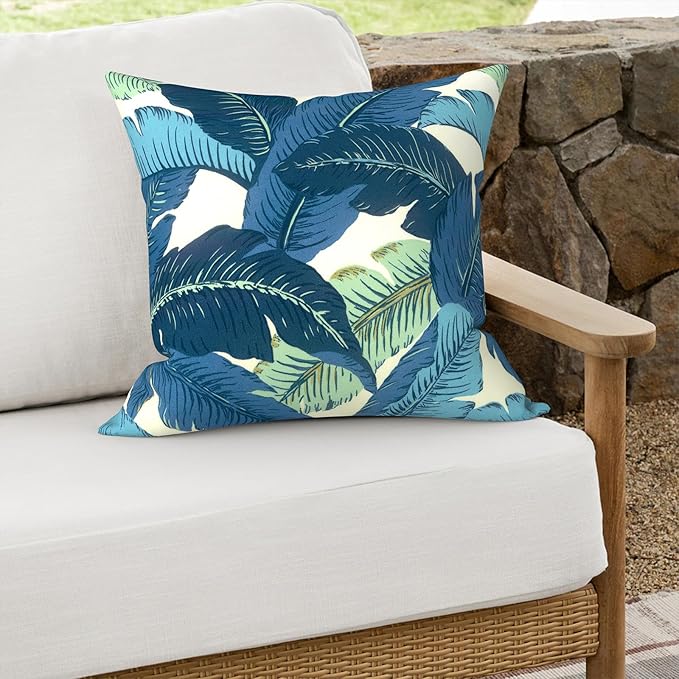 Outdoor Throw Pillows 16x16 Inch, Water Repellent Patio Pillows with Inners Set of 2, Outdoor Pillows for Patio Furniture Home Garden, Swaying Palms Blue